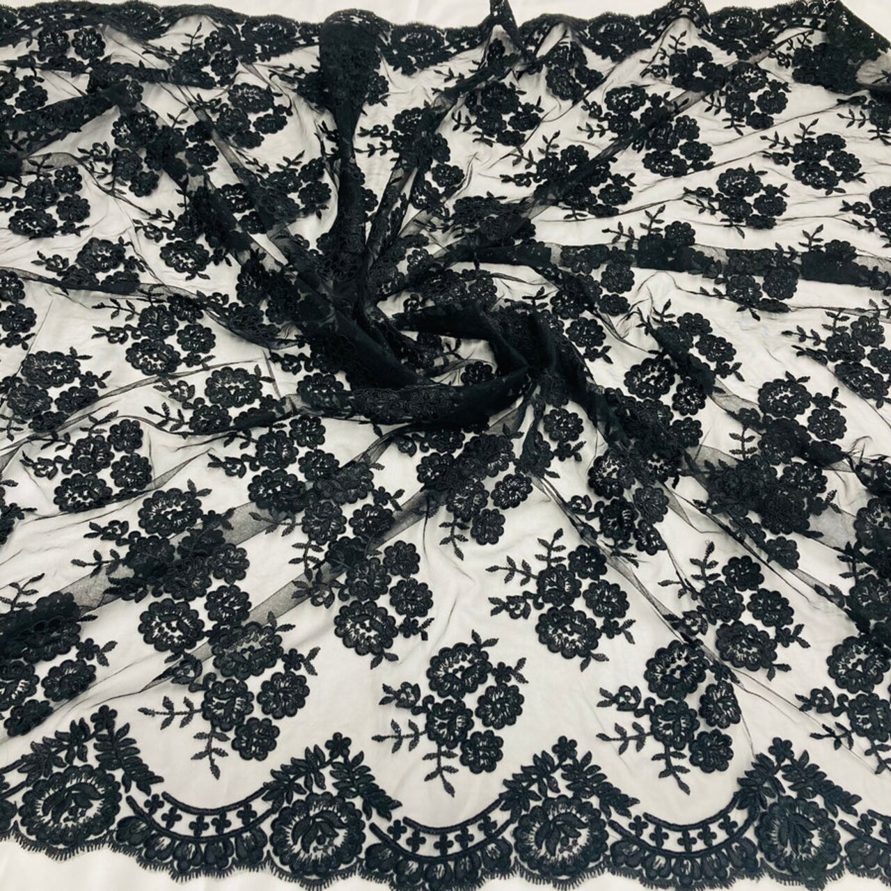 1 Yard - Corded Bridal Lace Fabric Embroidered on 100% Polyester Net Mesh 50 Inches Width